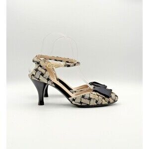 Chanel S/S 2005 Blue & White Tweed Heels w/ Black Bow Accent Vintage EU 36.5